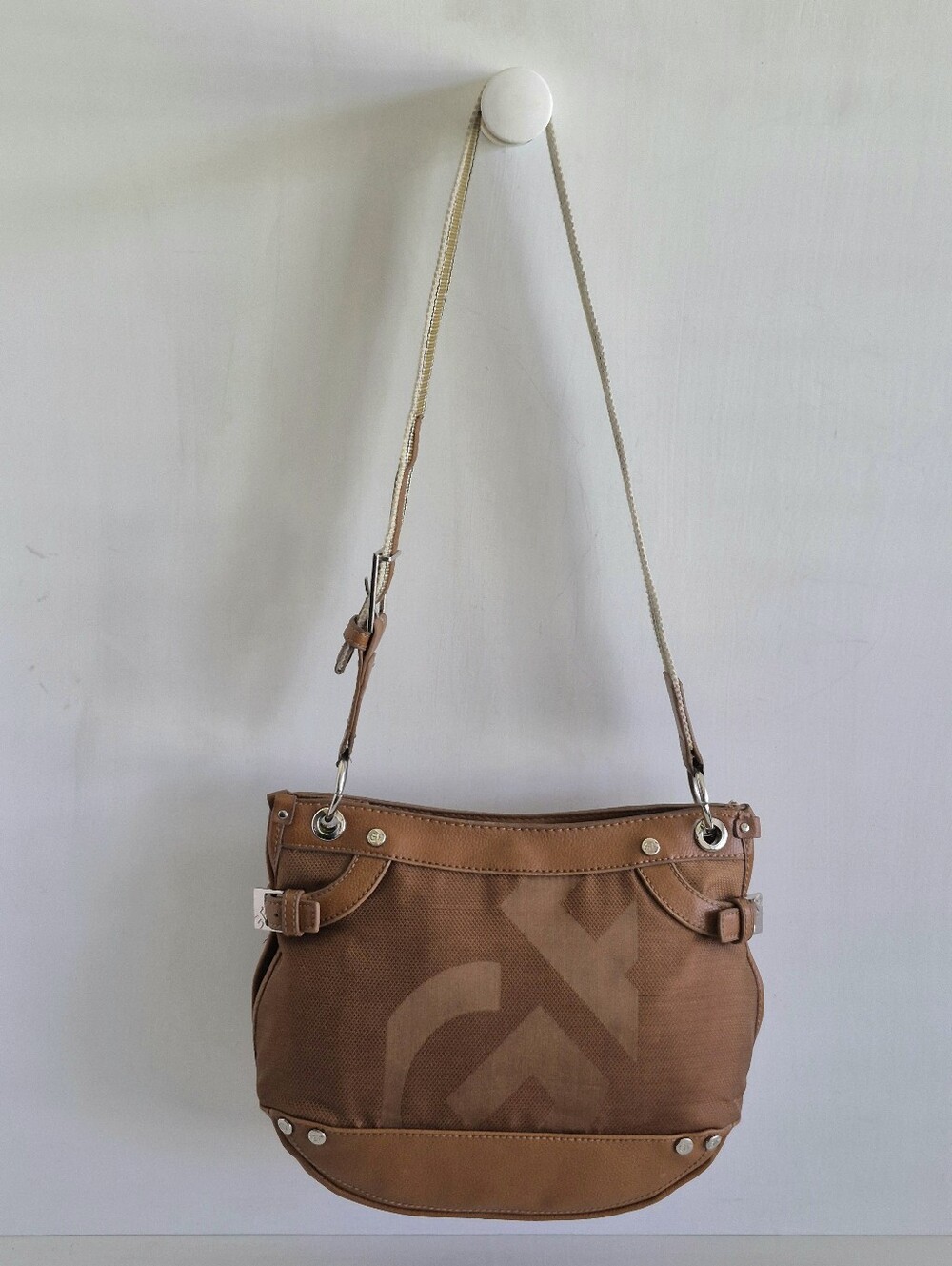 Gianfranco Ferre Cognac Jacquard Monogram Nylon & Leather Medium Shoulder Bag